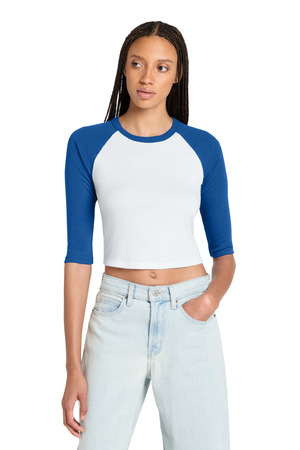 BELLA+CANVAS BC1200 Women's Micro Rib 3/4 Raglan Baby Tee in White/ True Royal