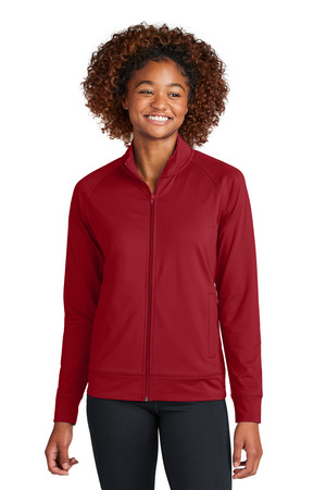 Sport-Tek LST857 Women's Sport-Wick Stretch Full-Zip Cadet Jacket in Deep Red