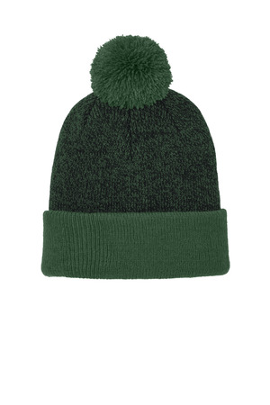 Sport-Tek STC68 Halftime Heather Pom Beanie in Forest Green/ Black