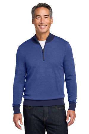 Brooks Brothers BB18412 Washable Merino Birdseye 1/4-Zip Sweater in Navy/ Compass Blue