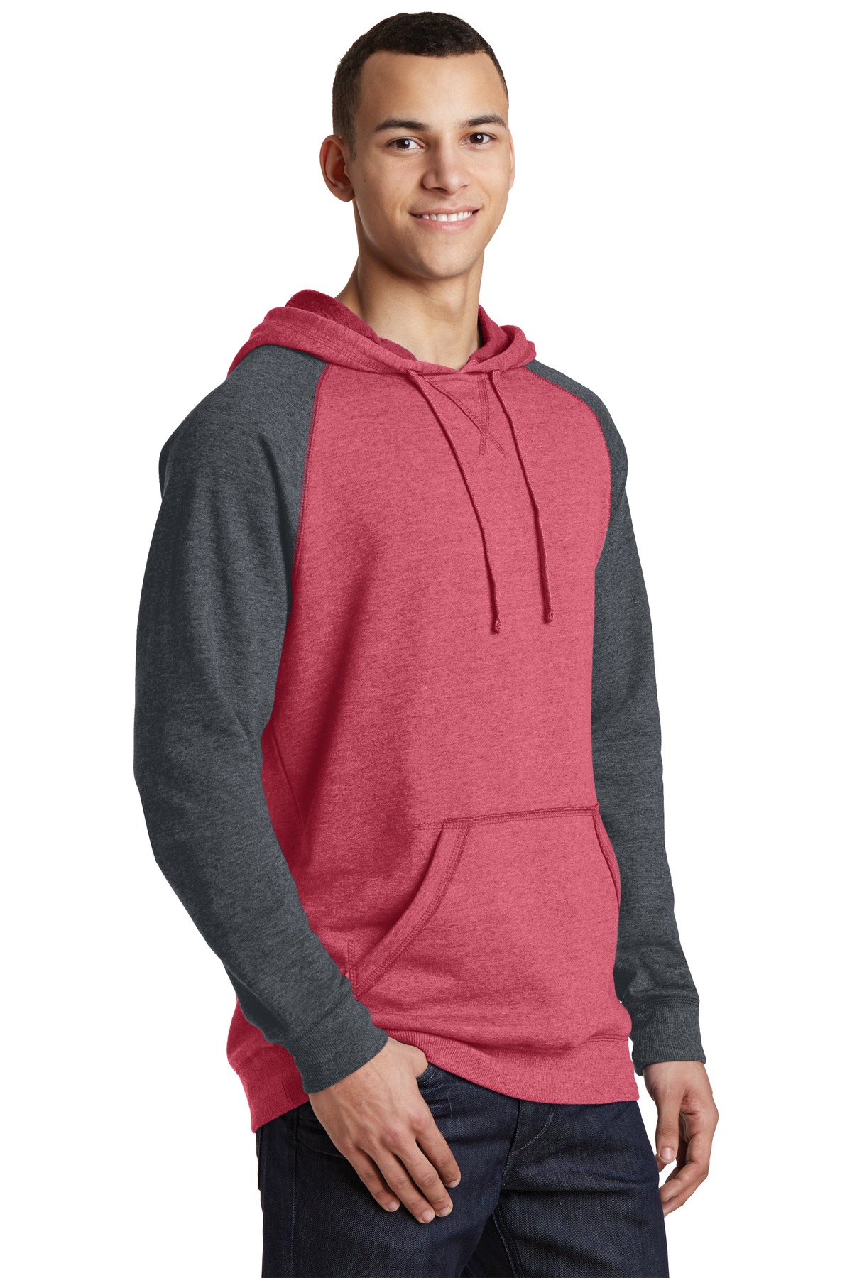 District Young Mens Lightweight Fleece Raglan Hoodie. DT196