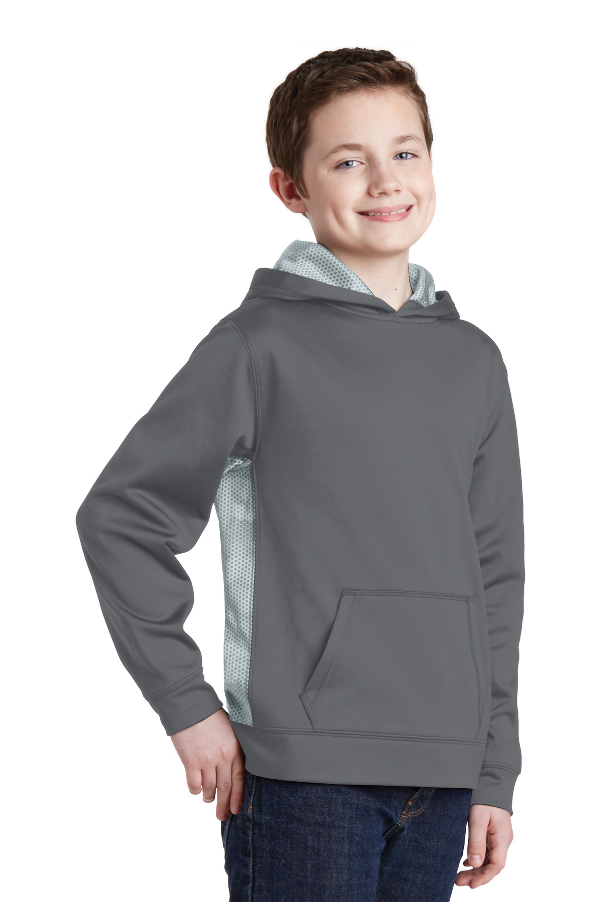 Sport-Tek Youth Sport-Wick CamoHex Fleece Colorblock Hooded Pullover. YST239