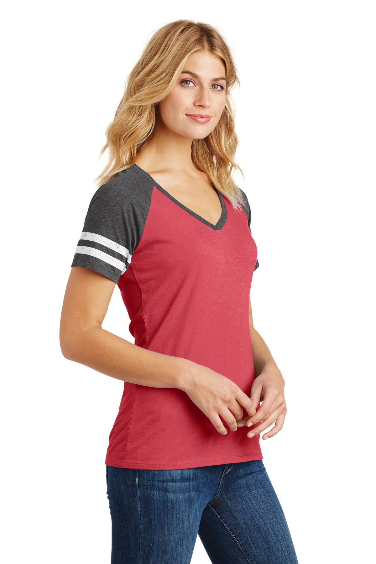 District Women's Game V-Neck Tee. DM476
