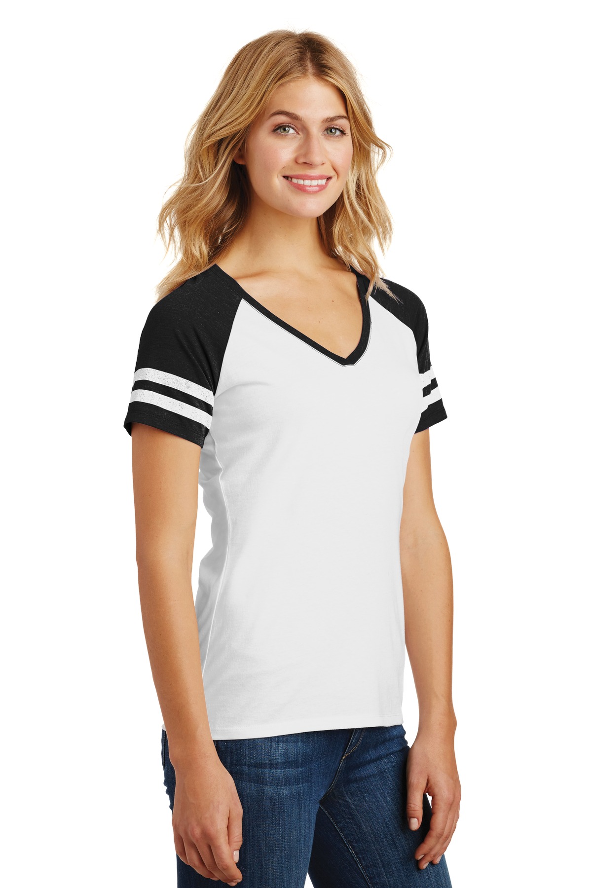 District Women's Game V-Neck Tee. DM476