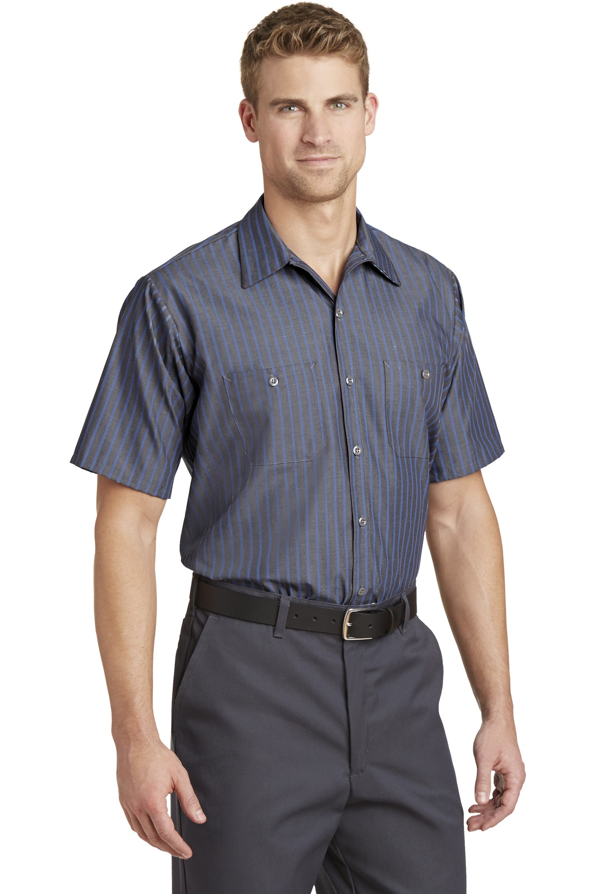 Red Kap Short Sleeve Striped Industrial Work Shirt. CS20