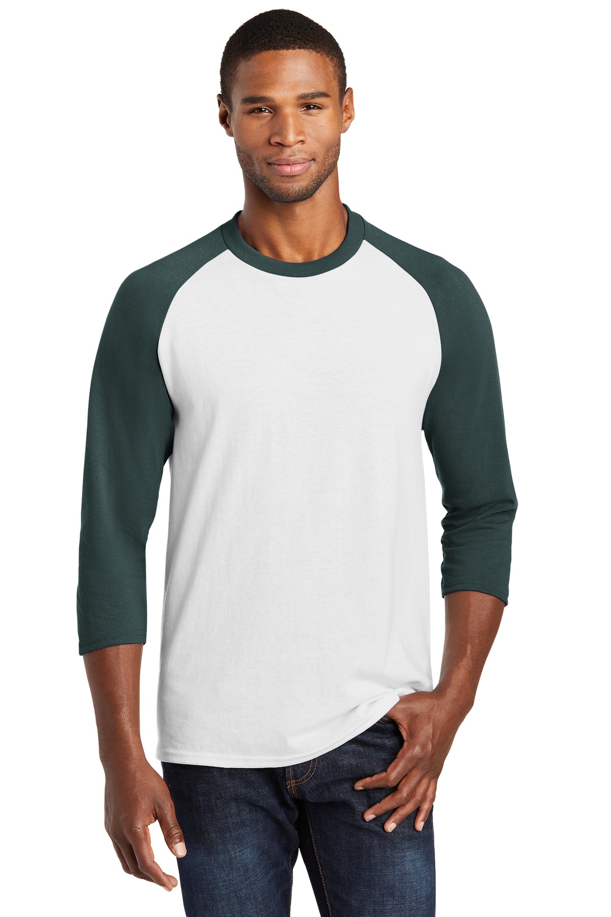 Port & Co ™ Core Blend 3/4-Sleeve Raglan Tee. PC55RS - White/ Dark Green