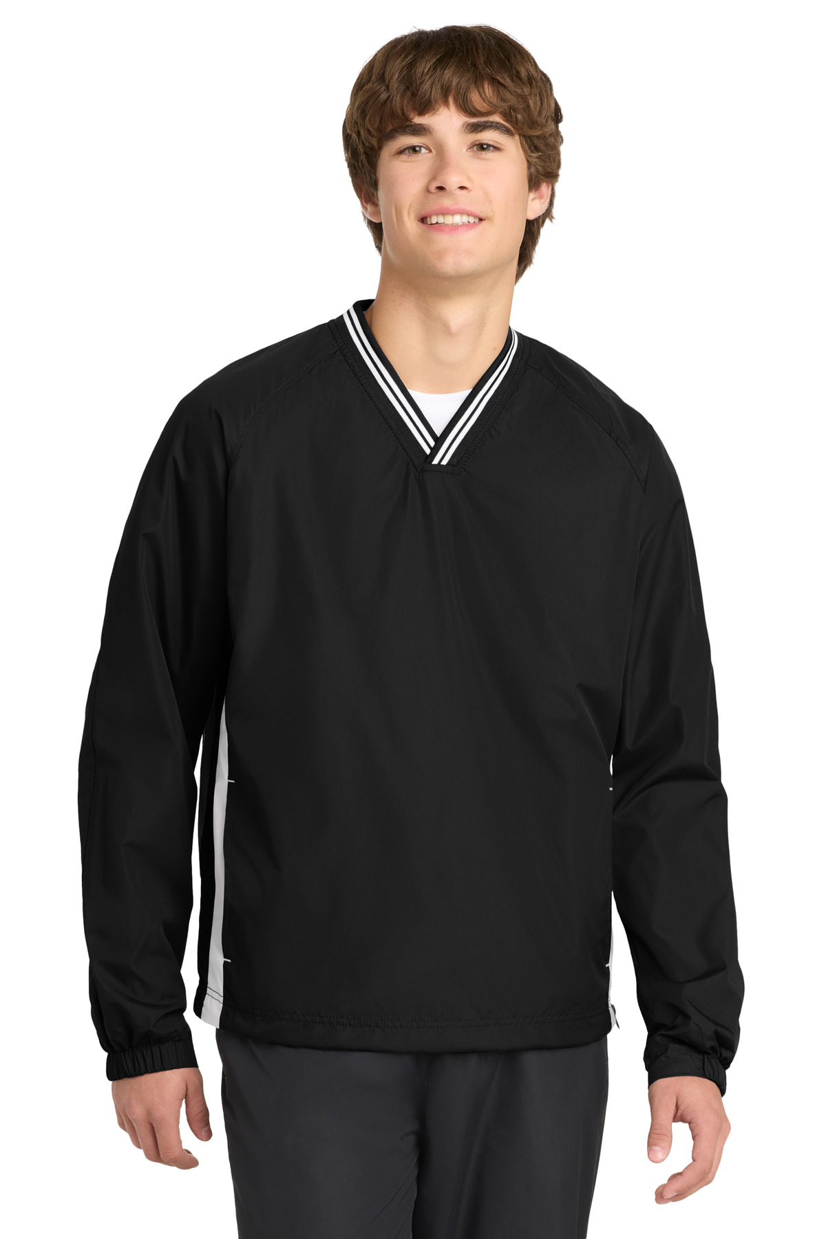 Sport-Tek ® Tipped V-Neck Raglan Wind Shirt. JST62 - Black/ White