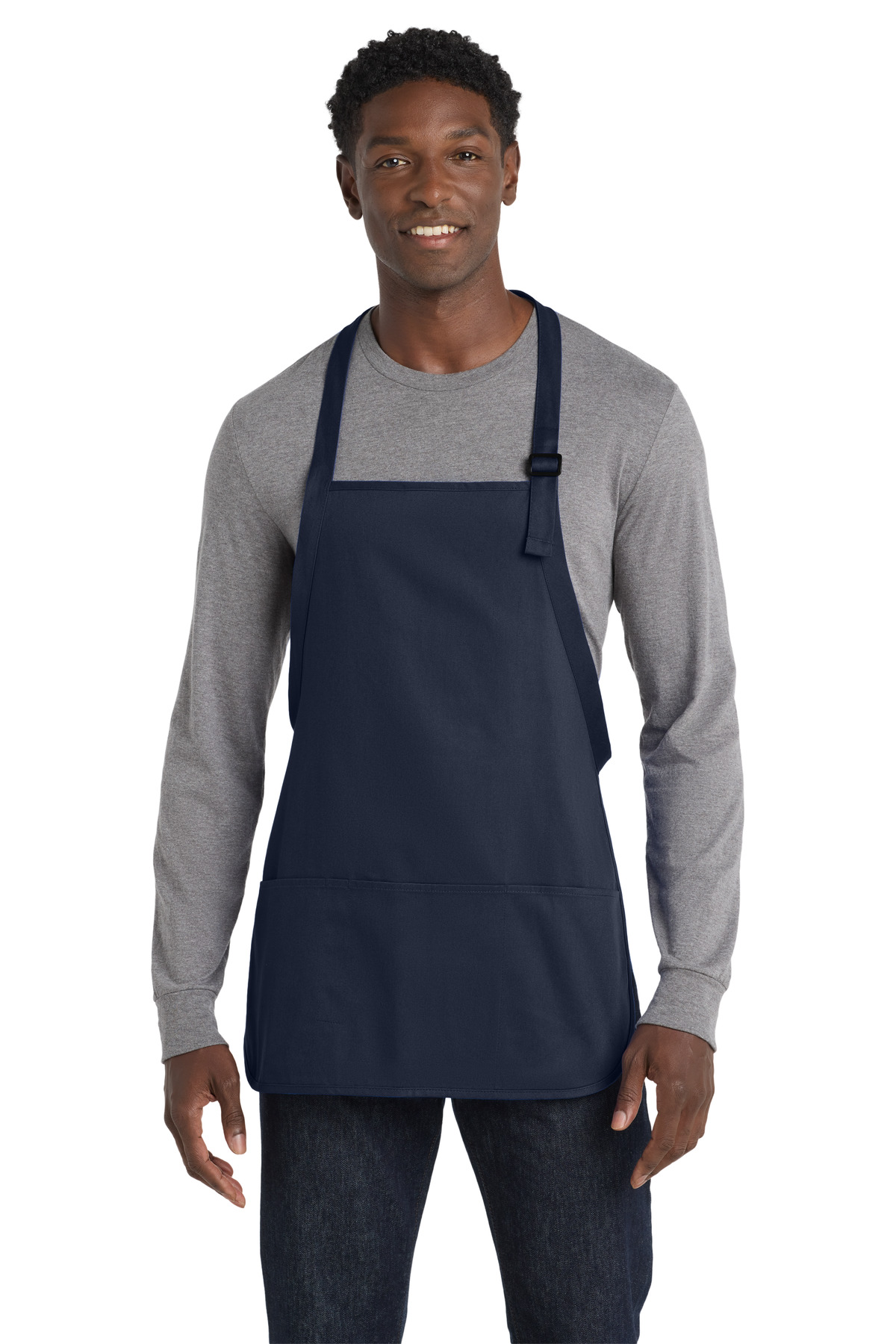 Medium-Length Apron with Pouch Pockets - Navy