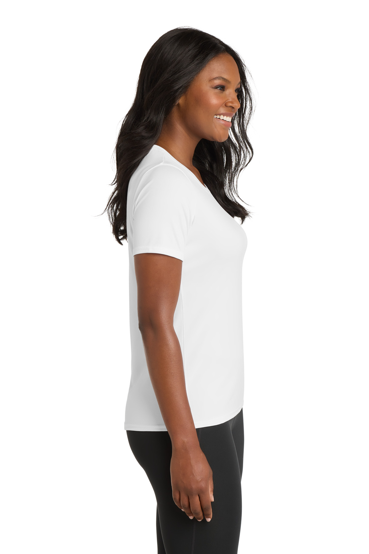 Port & Co Women's Performance Tee. LPC380 in White — Left sleeve
