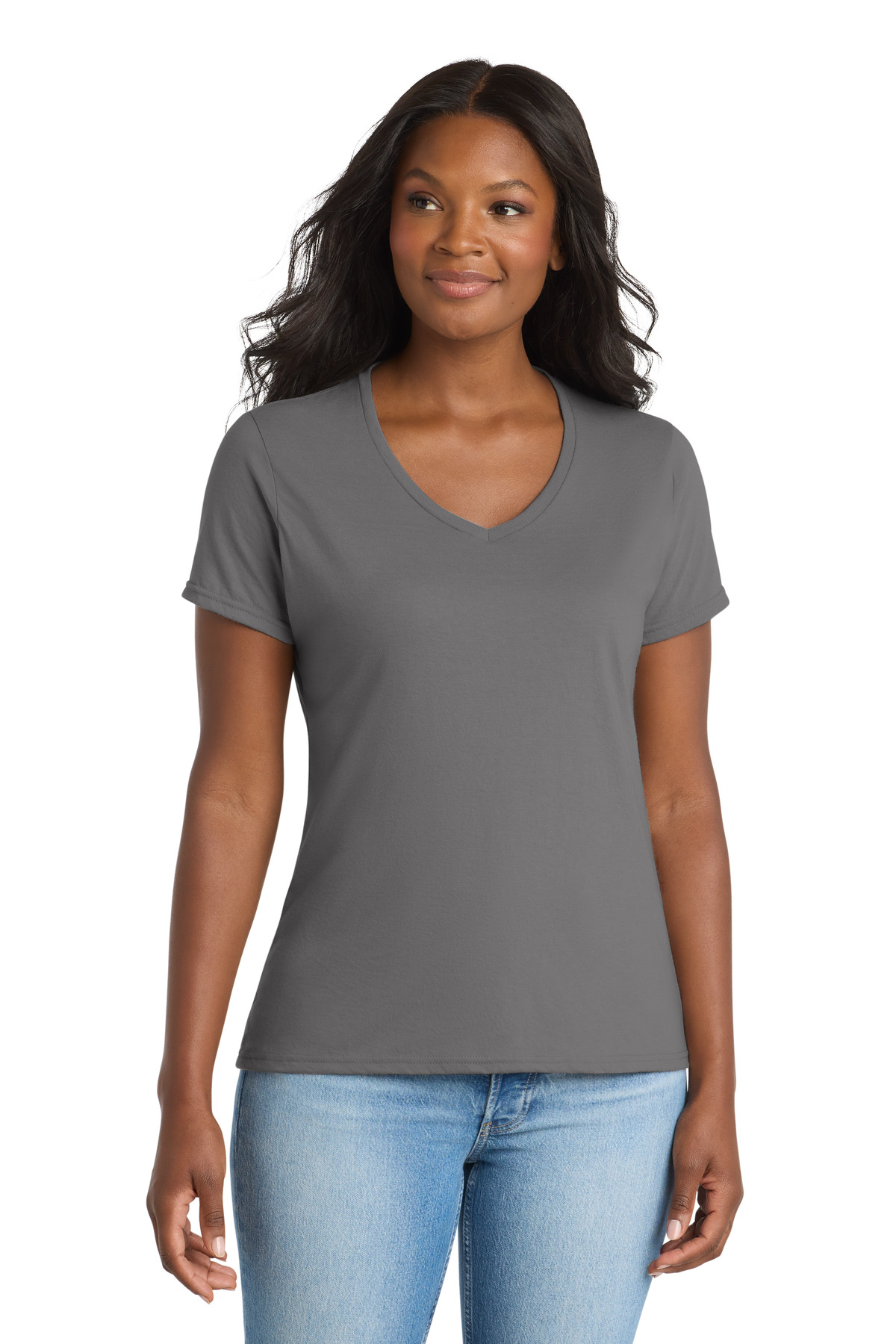 Port & Co ™ Women's Performance Blend V-Neck Tee. LPC381V - Medium Grey
