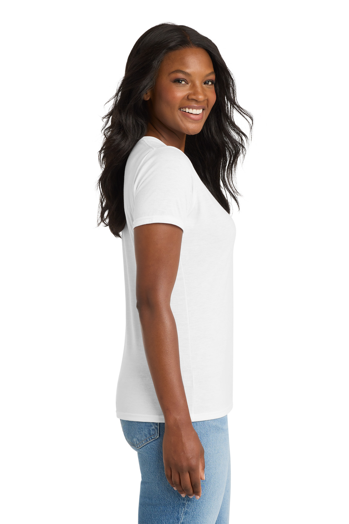 Port & Co Women's Performance Blend V-Neck Tee. LPC381V in White — Left sleeve