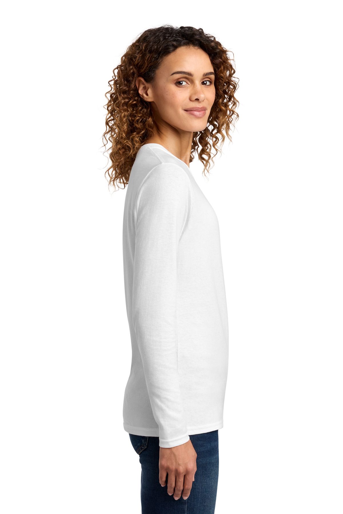 Port & Co Women's Long Sleeve Core Cotton Tee. LPC54LS in White — Left sleeve