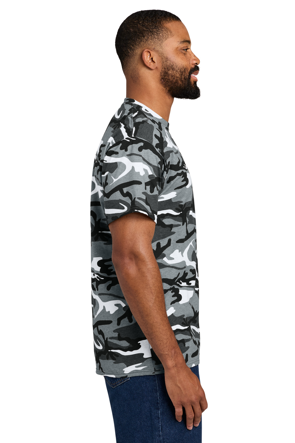 Port & Co Core Cotton Camo Tee. PC54C in Winter Camo — Left sleeve
