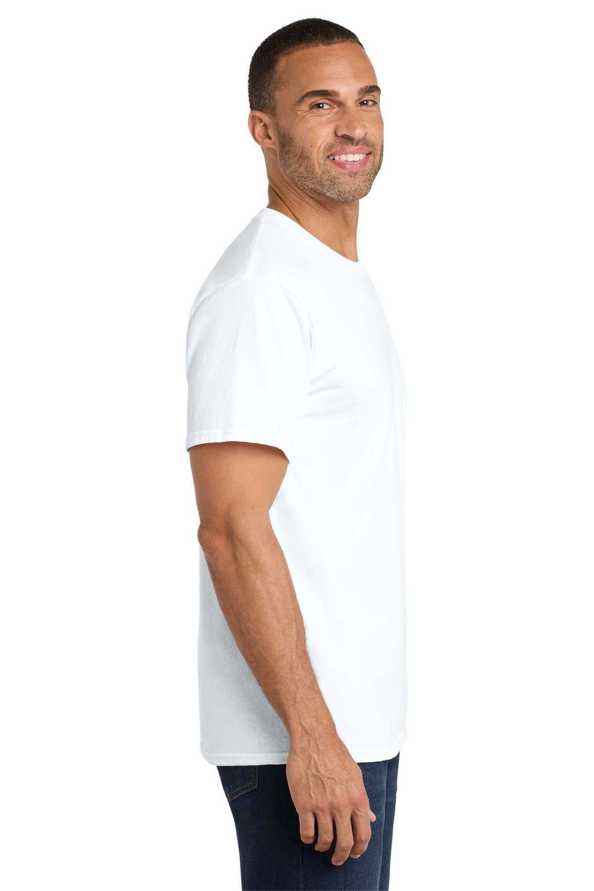 Port & Co Core Cotton Pocket Tee. PC54P in White — Left sleeve