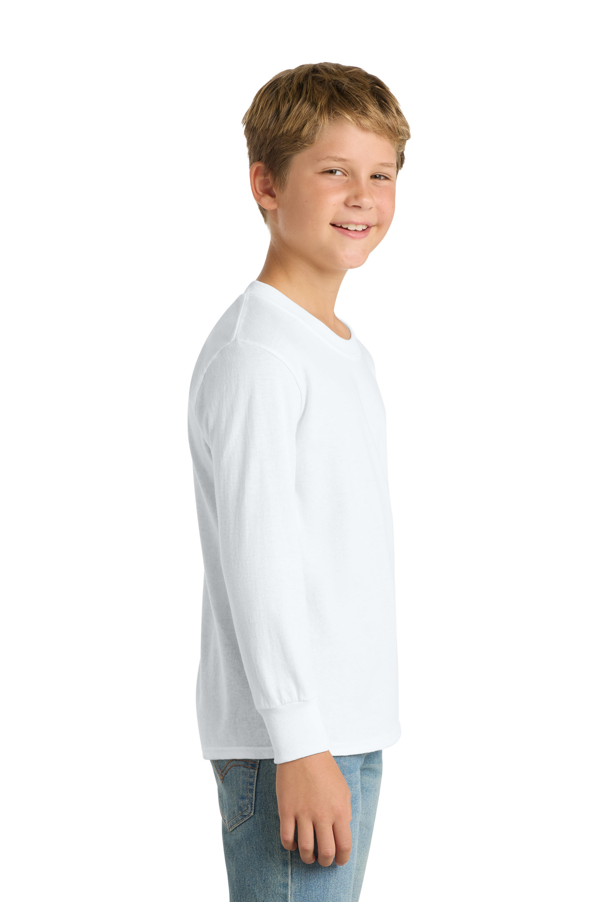 Port & Co Youth Long Sleeve Core Cotton Tee. PC54YLS in White — Left sleeve