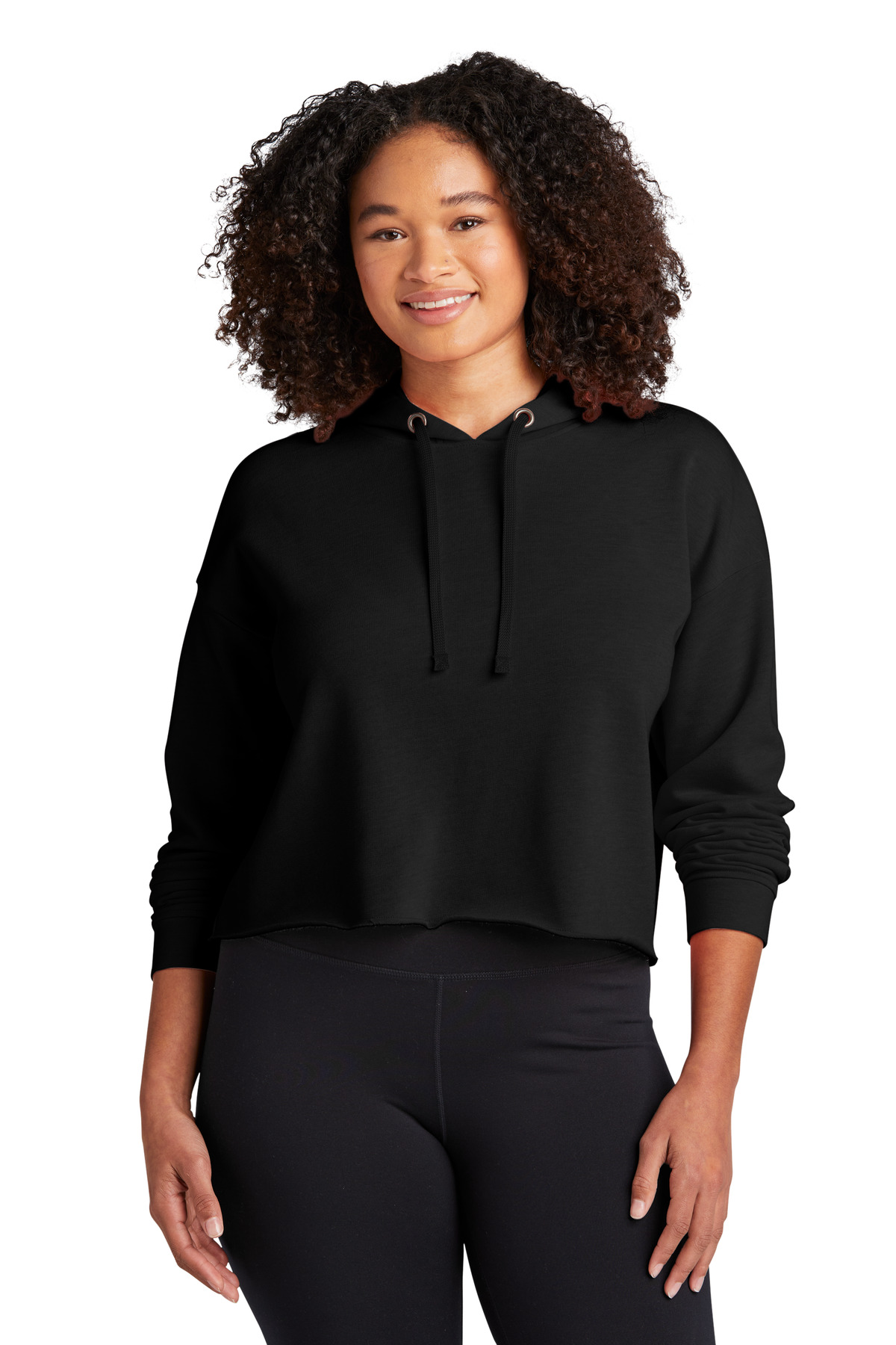 Sport-Tek DISCONTINUED Sport-Tek Women's PosiCharge Tri-Blend Wicking Fleece Crop Hooded Pullover LST298 in Black Triad Solid