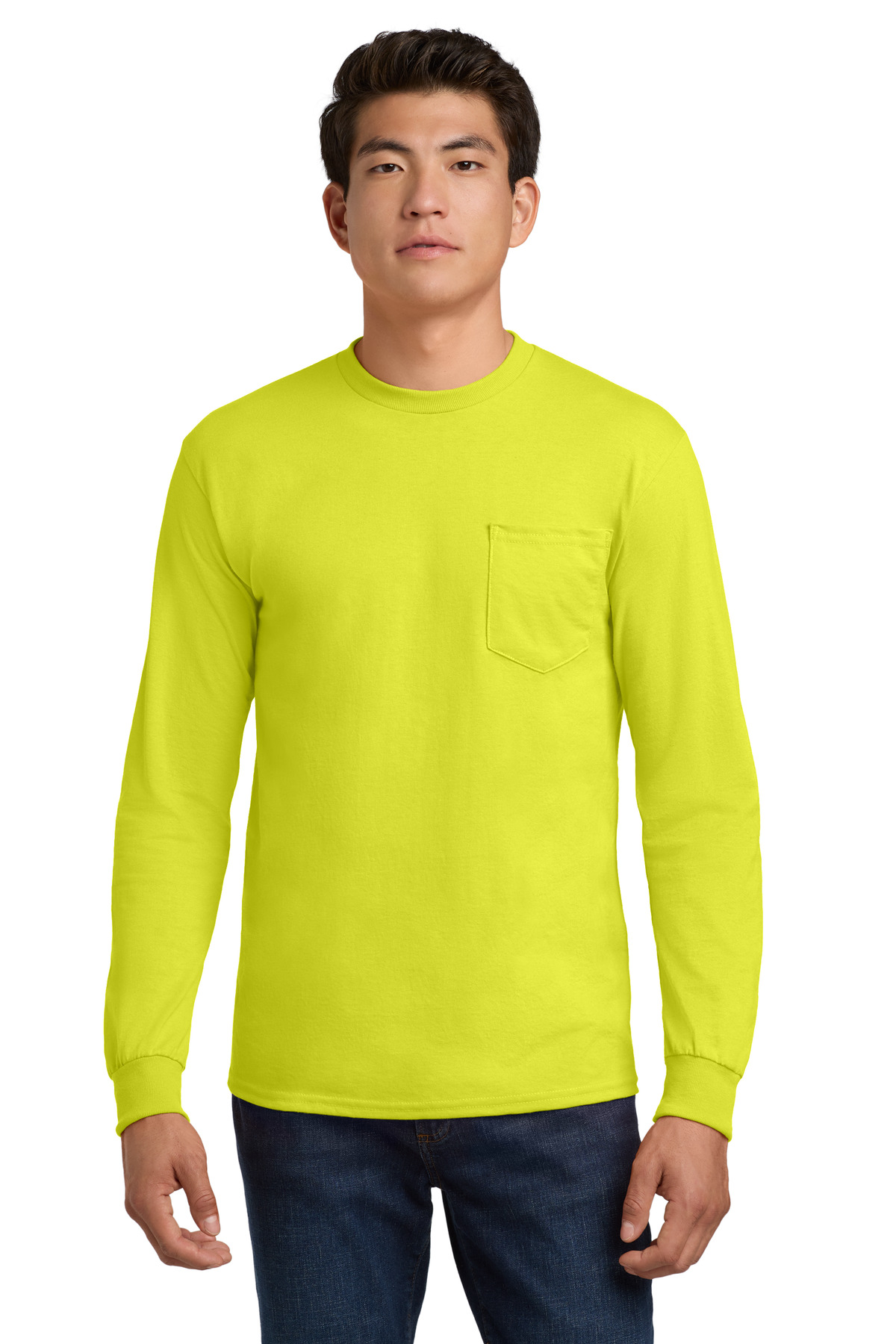 Gildan ® - Ultra Cotton ® 100% US Cotton Long Sleeve T-Shirt with Pocket. 2410 - Safety Green