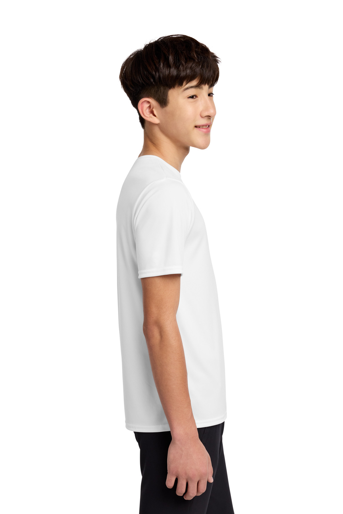 Port & Co Youth Performance Tee. PC380Y in White — Left sleeve