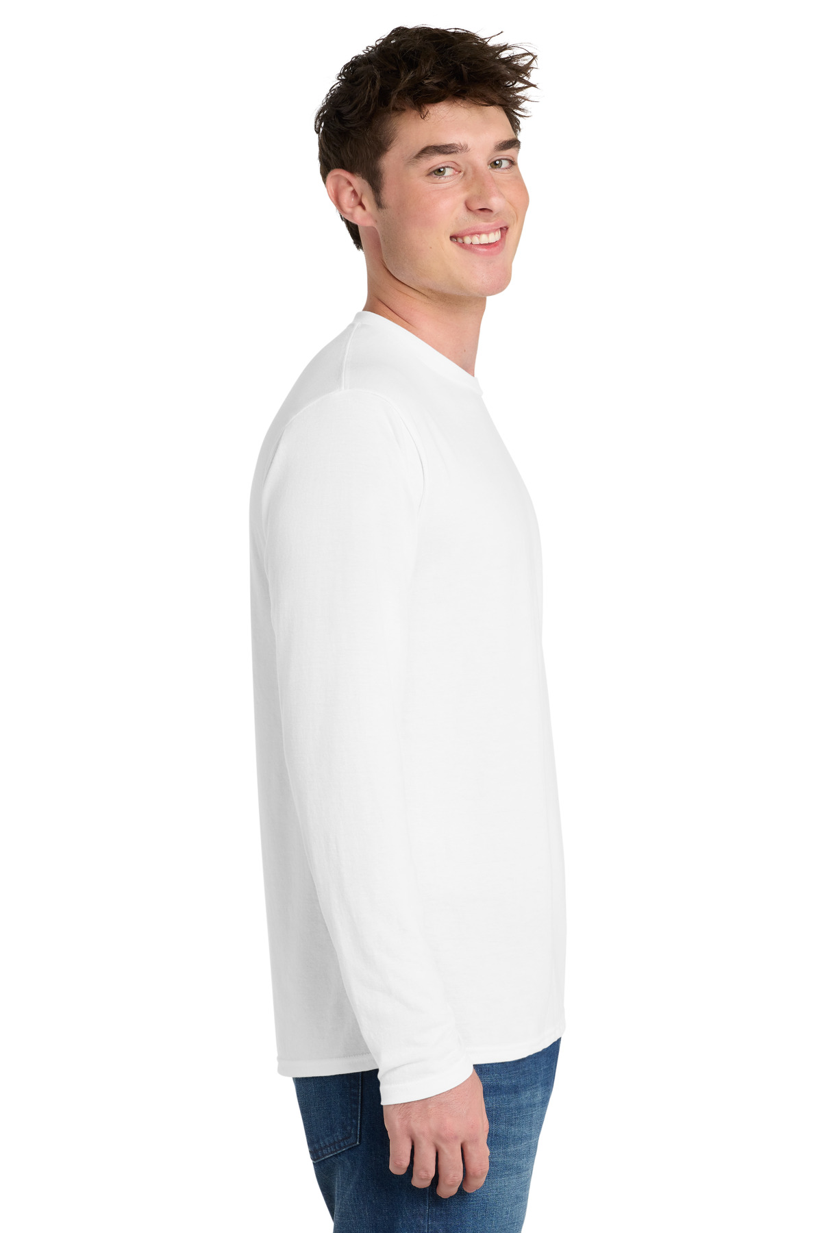 Port & Co Long Sleeve Performance Blend Tee. PC381LS in White — Left sleeve
