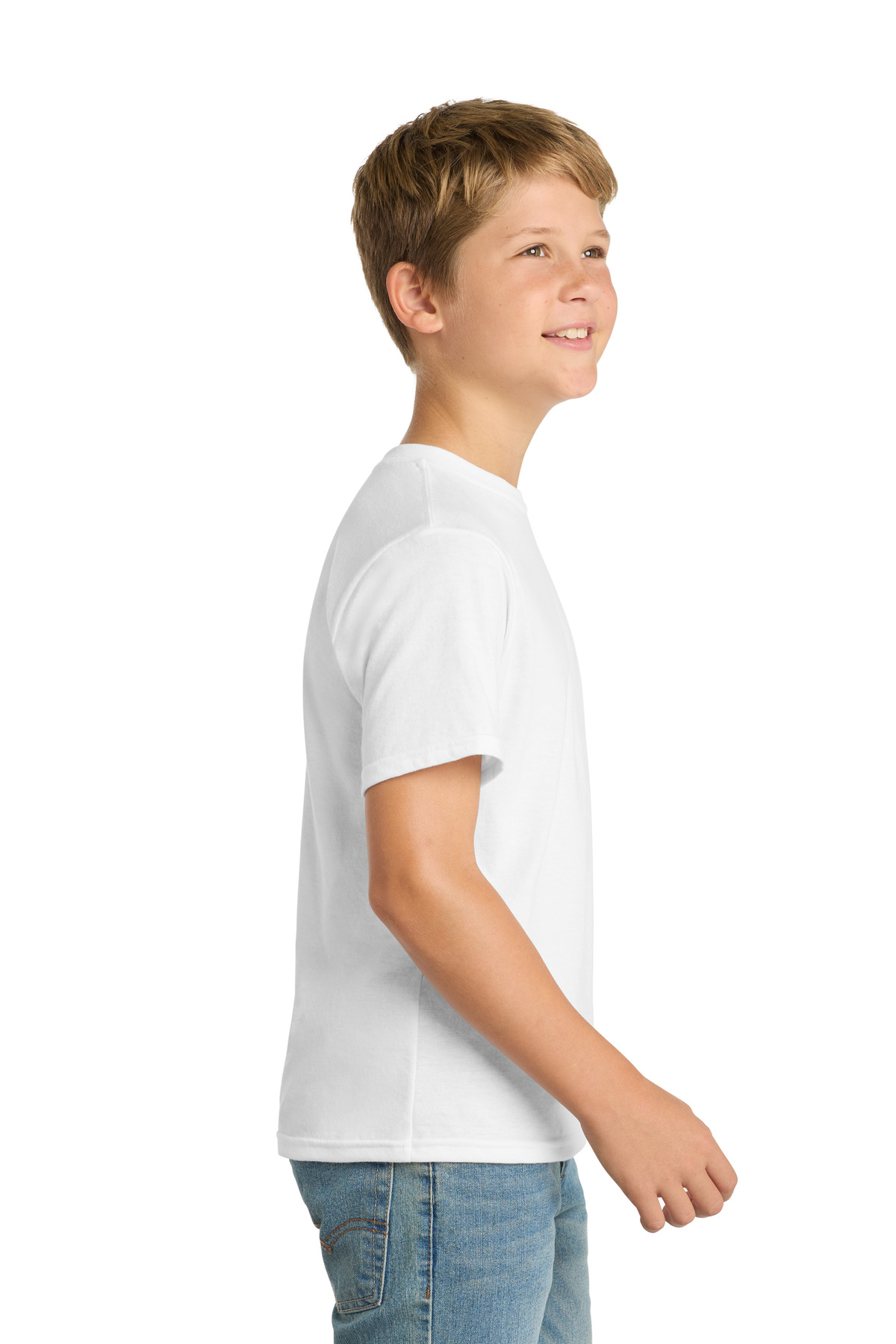 Port & Co Youth Performance Blend Tee. PC381Y in White — Left sleeve