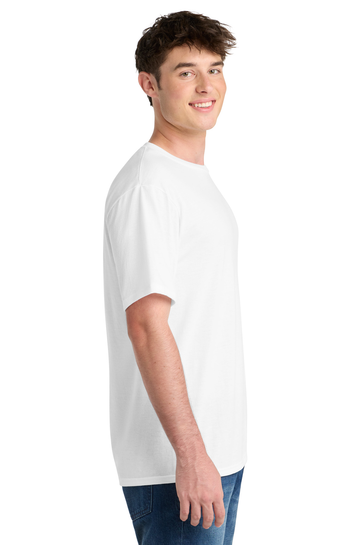 Port & Co Performance Blend Tee. PC381 in White — Left sleeve