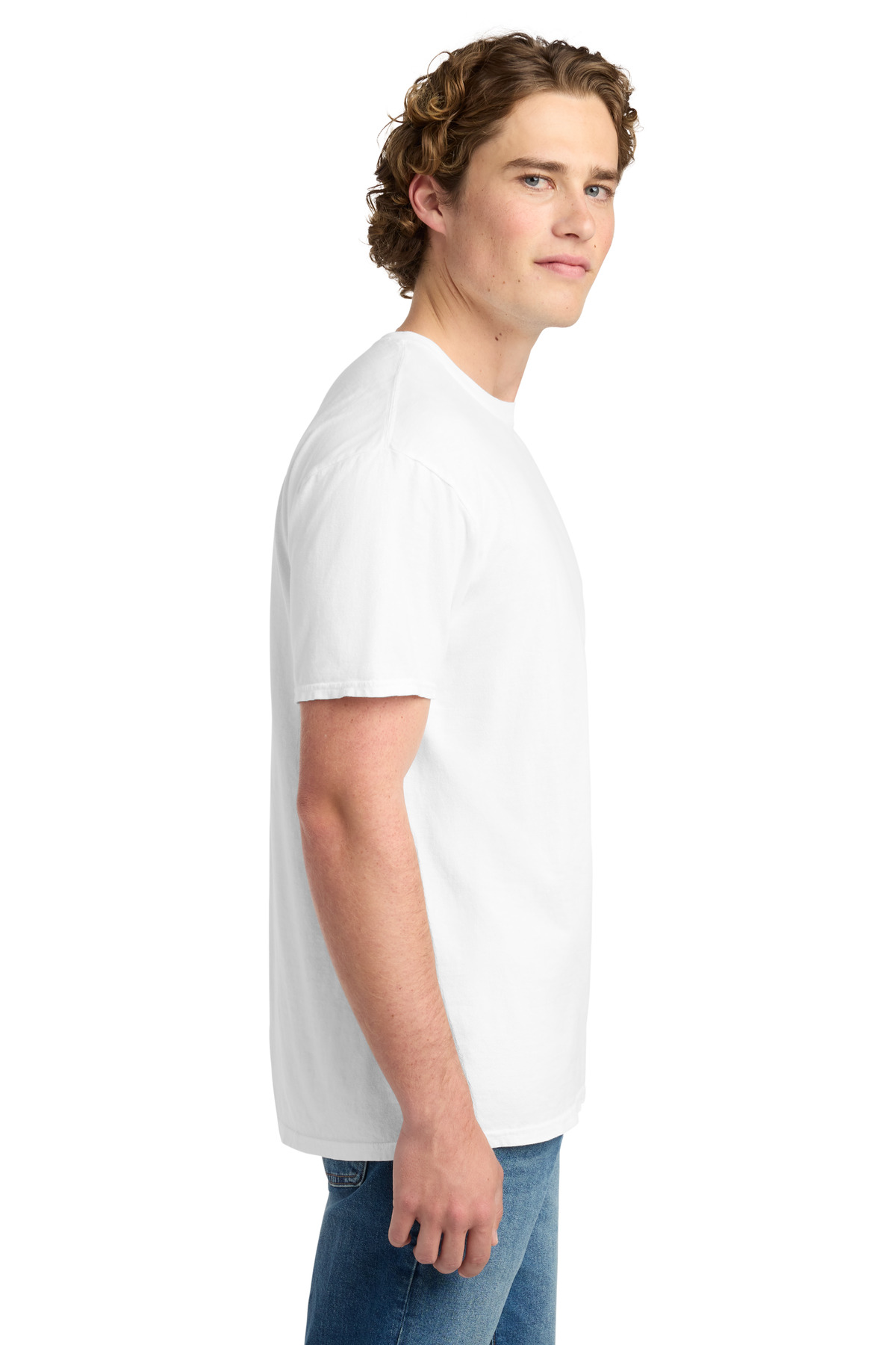 Port & Co Beach Wash Garment-Dyed Tee. PC099 in White — Left sleeve