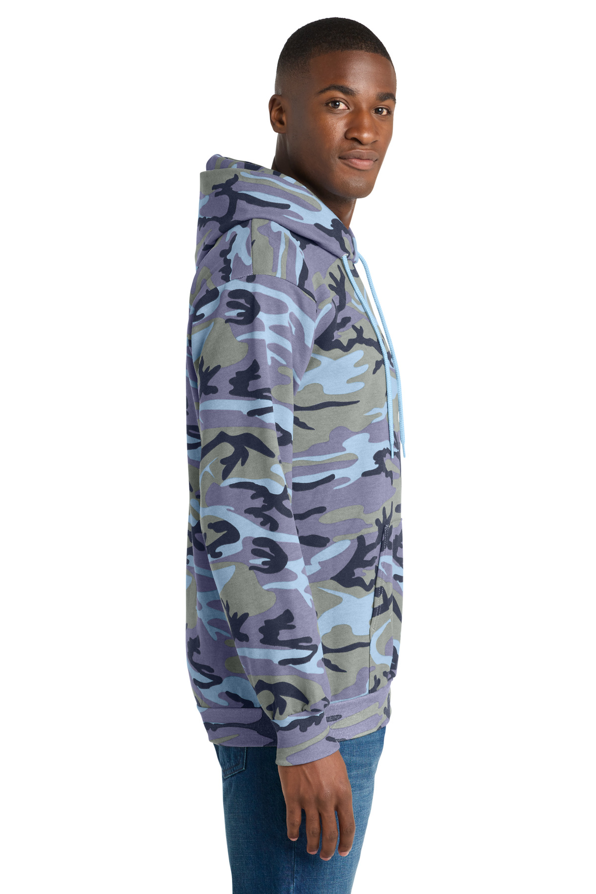 Port & Co Core Fleece Camo Pullover Hooded Sweatshirt. PC78HC in Woodland Blue Camo — Left sleeve