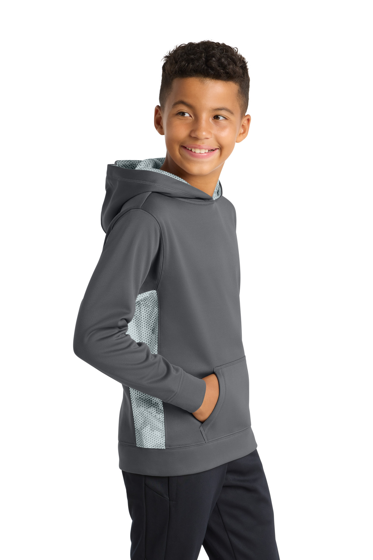 Sport-Tek Youth Sport-Wick CamoHex Fleece Colorblock Hooded Pullover. YST239