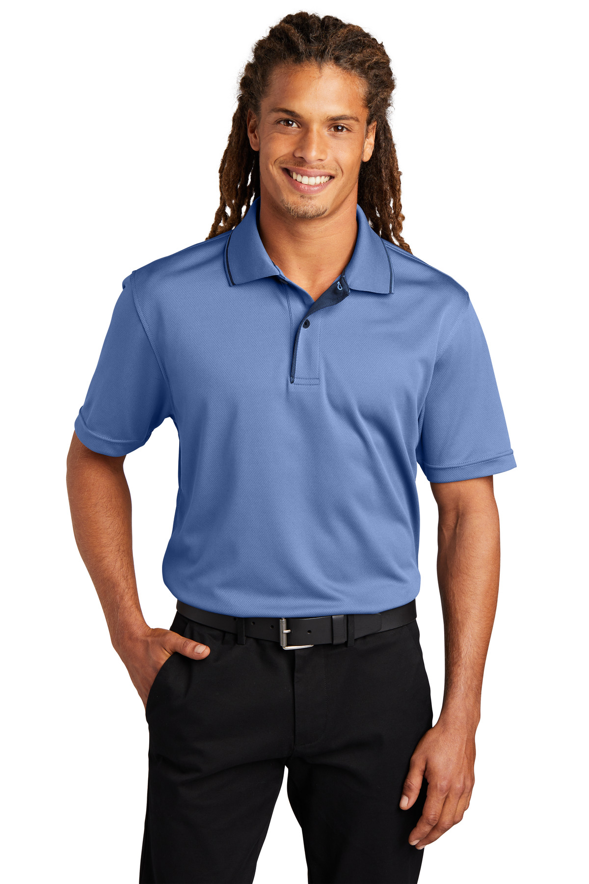 Sport-Tek DISCONTINUED Sport-Tek Dri-Mesh Polo with Tipped Collar and Piping. K467 in Blueberry/ Navy