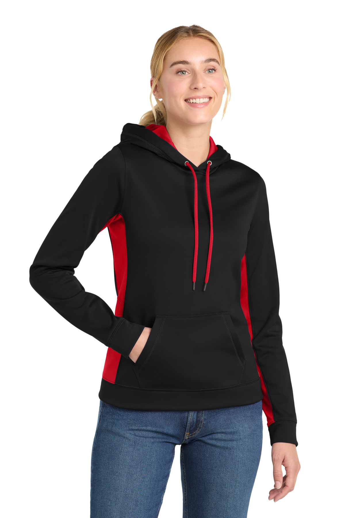 DISCONTINUED Sport-Tek Women's Sport-Wick Fleece Colorblock Hooded Pullover in Blk/Deep Red