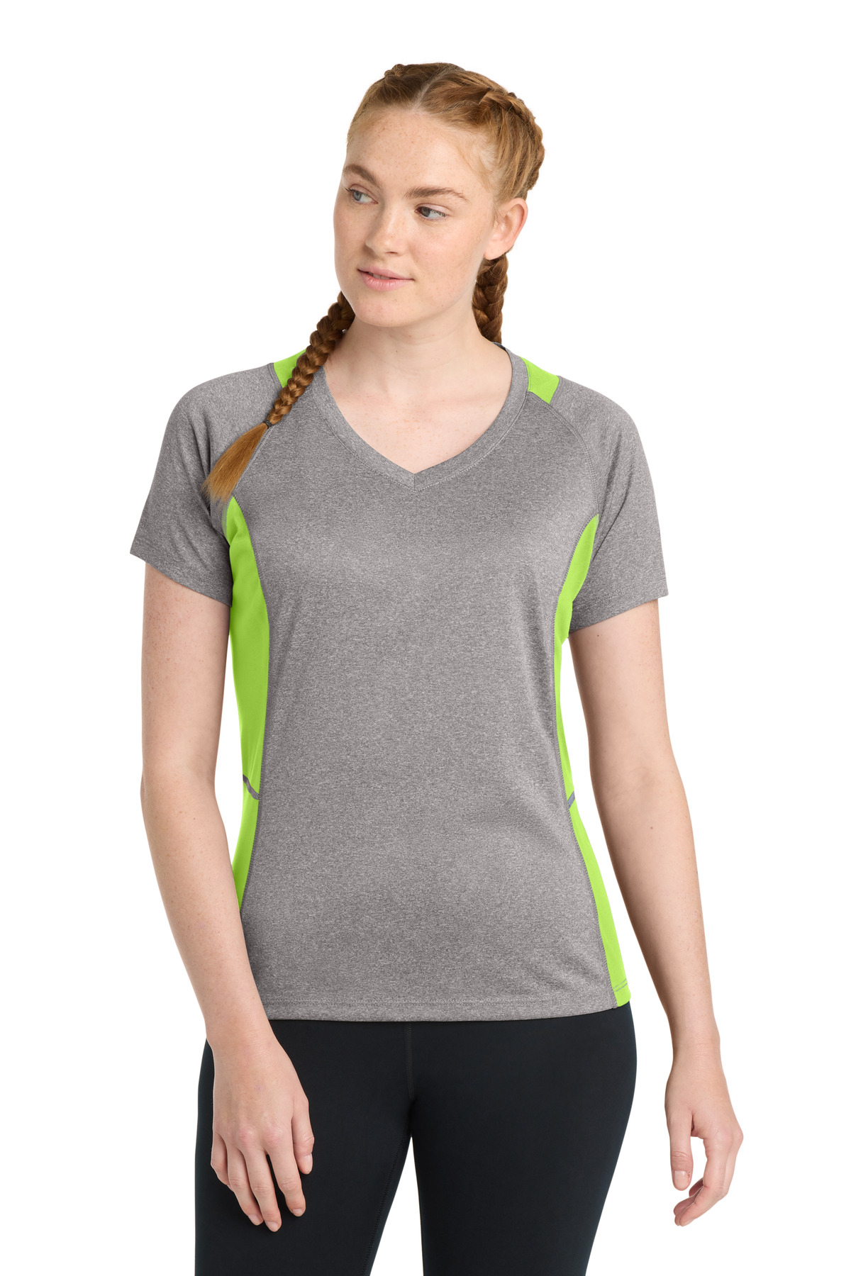 DISCONTINUED Sport-Tek Women's Heather Colorblock Contender V-Neck Tee. LST361 in Vintage Heather/ Lime Shock