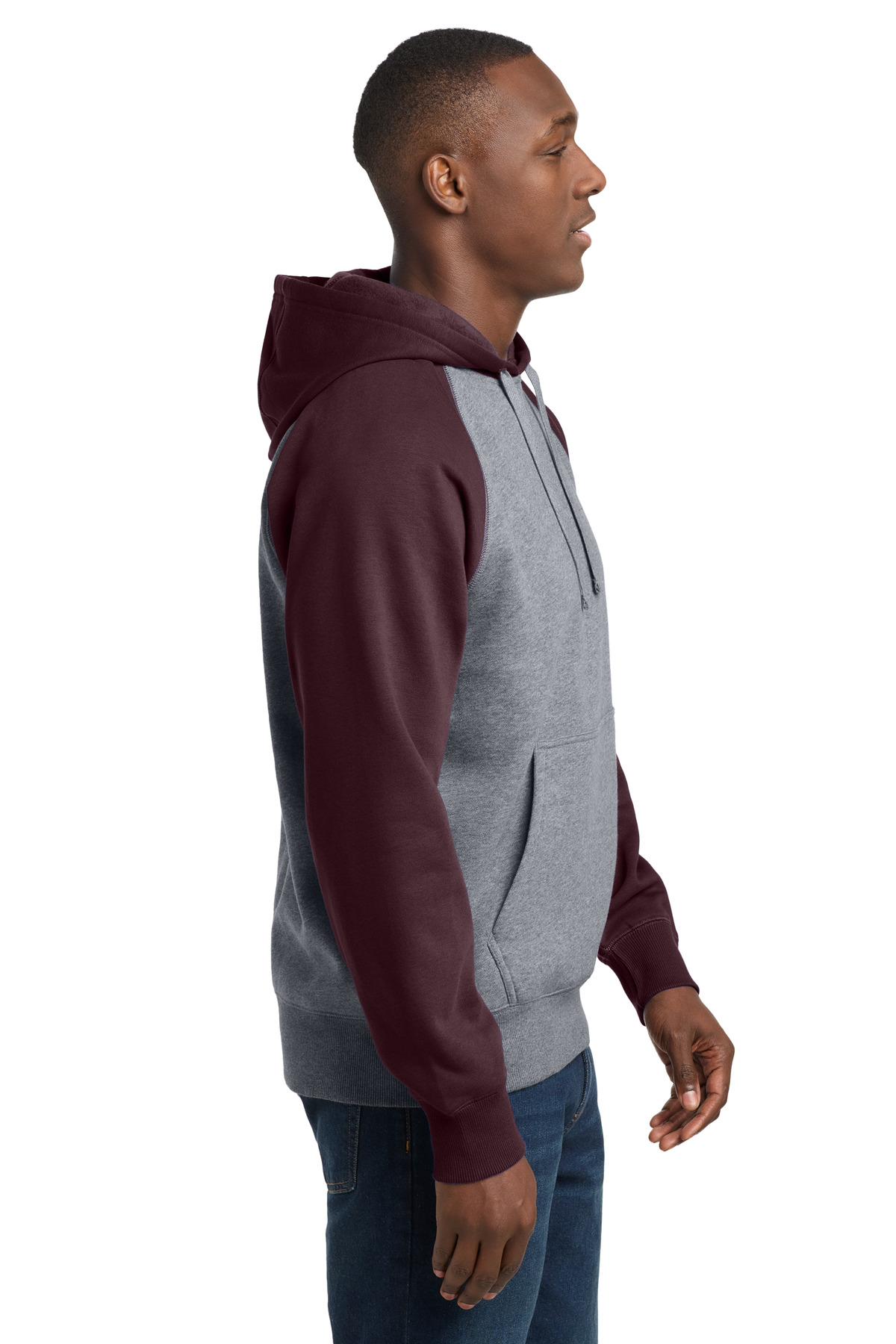 Sport-Tek Raglan Colorblock Pullover Hooded Sweatshirt. ST267 in Maroon/ Vintage Heather — Left sleeve