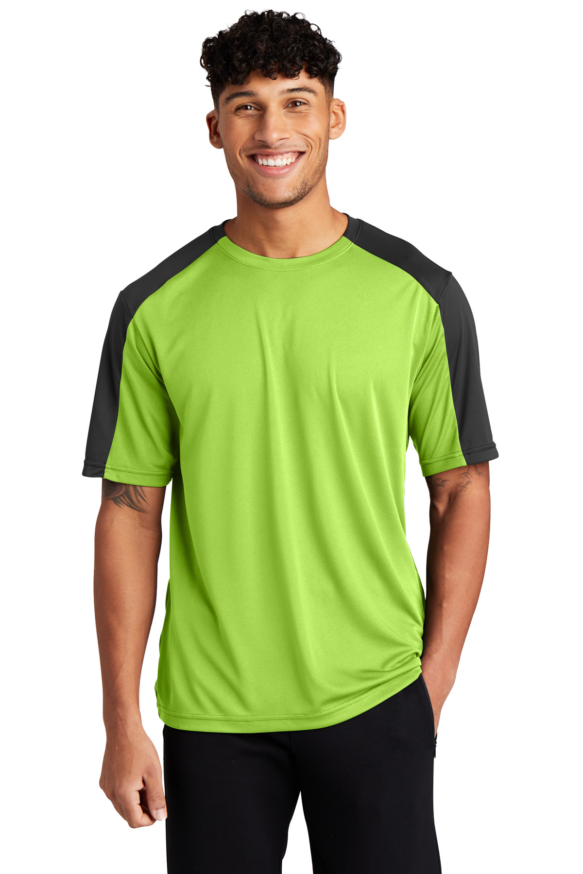 DISCONTINUED Sport-Tek PosiCharge Competitor Sleeve-Blocked Tee. ST354 in Lime Shock/ Black