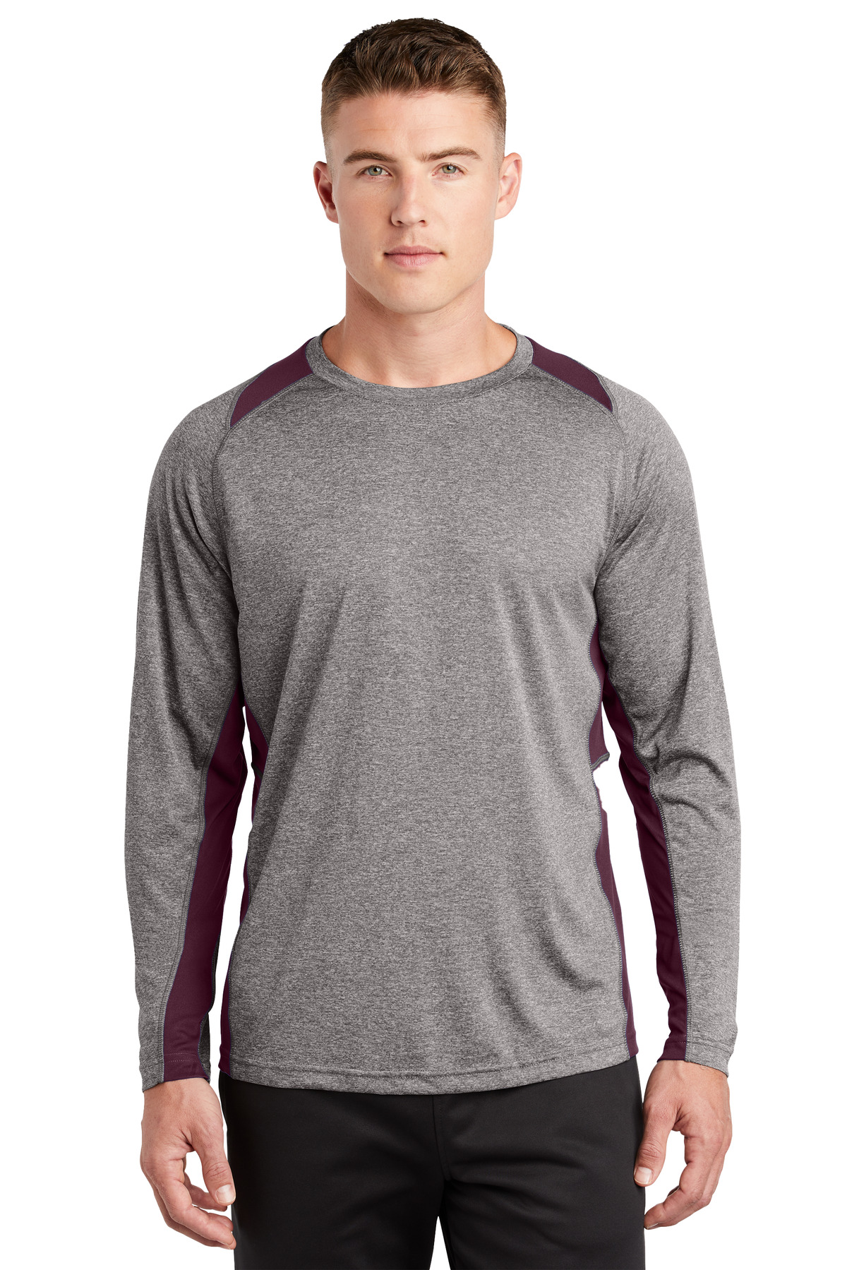 Sport-Tek ST361LS swatch in Vintage Heather/ Maroon