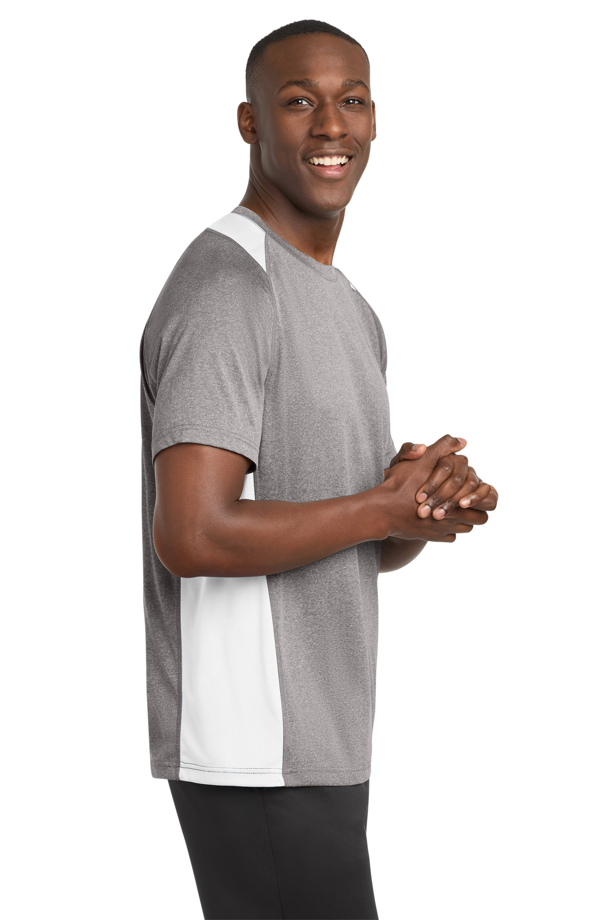 Sport-Tek Heather Colorblock Contender Tee. ST361 in Vintage Heather/ White — Left sleeve