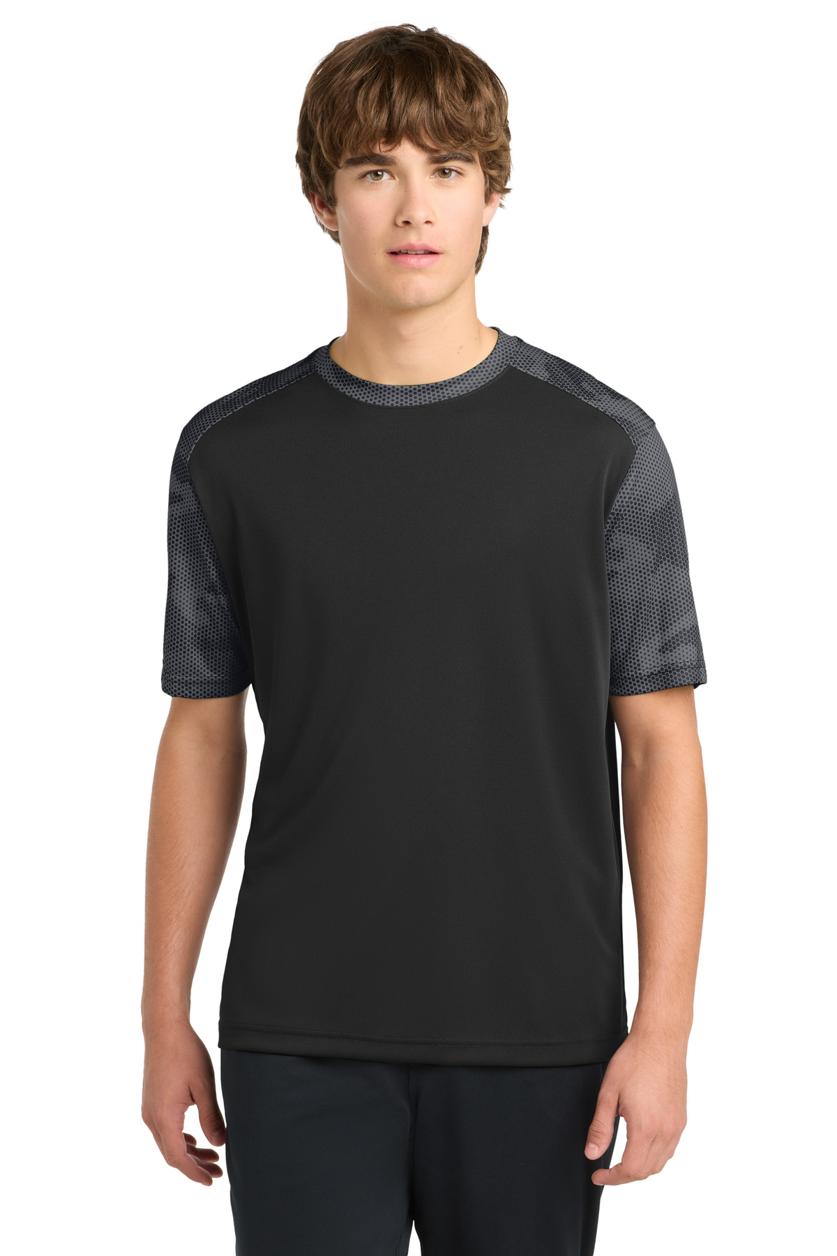 Sport-Tek DISCONTINUED Sport-Tek CamoHex Colorblock Tee. ST371 in Black/ Iron Grey