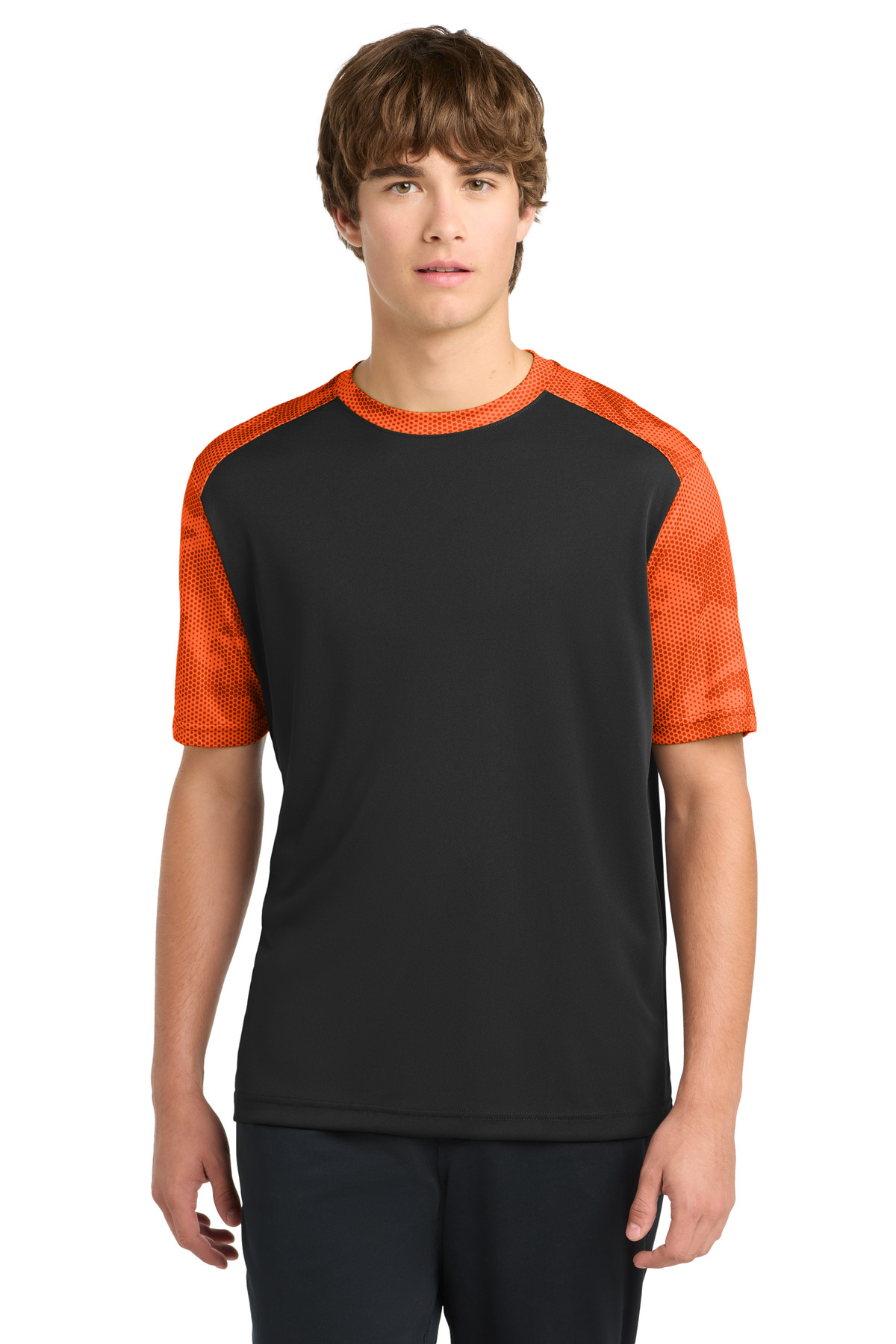DISCONTINUED Sport-Tek CamoHex Colorblock Tee. ST371 in Black/ Neon Orange