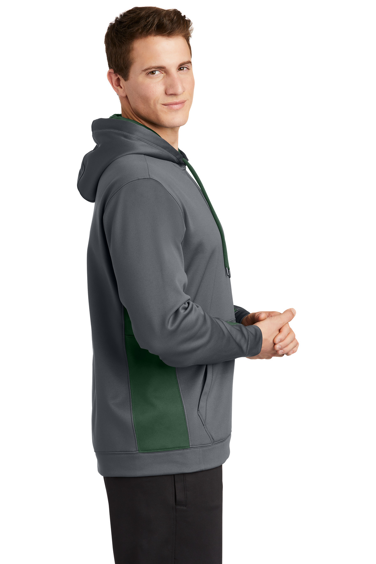 Sport-Tek Sport-Wick Fleece Colorblock Hooded Pullover. ST235 in Dark Smoke Grey/ Forest Green — Left sleeve