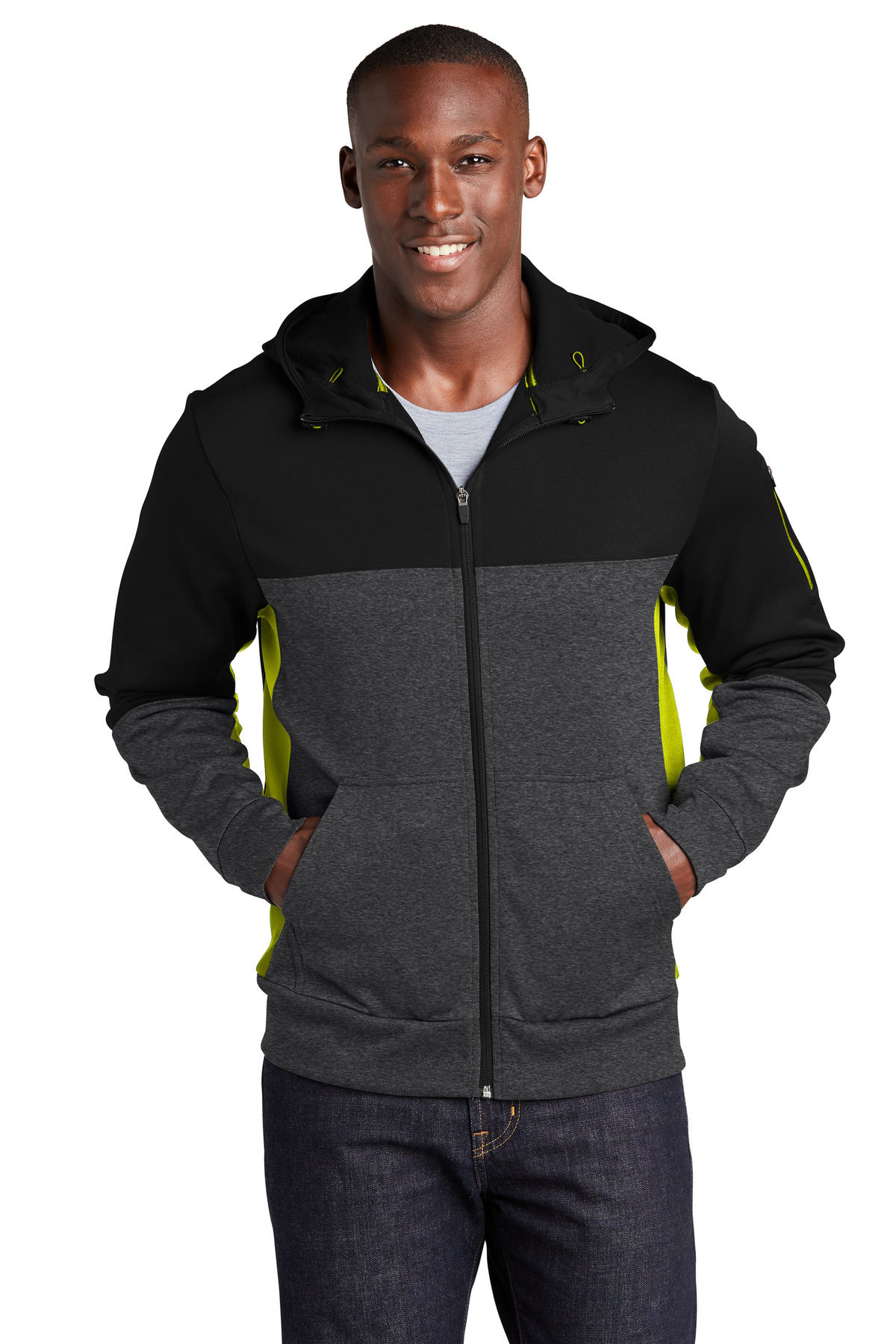 Sport-Tek Tech Fleece Colorblock Full-Zip Hooded Jacket. ST245