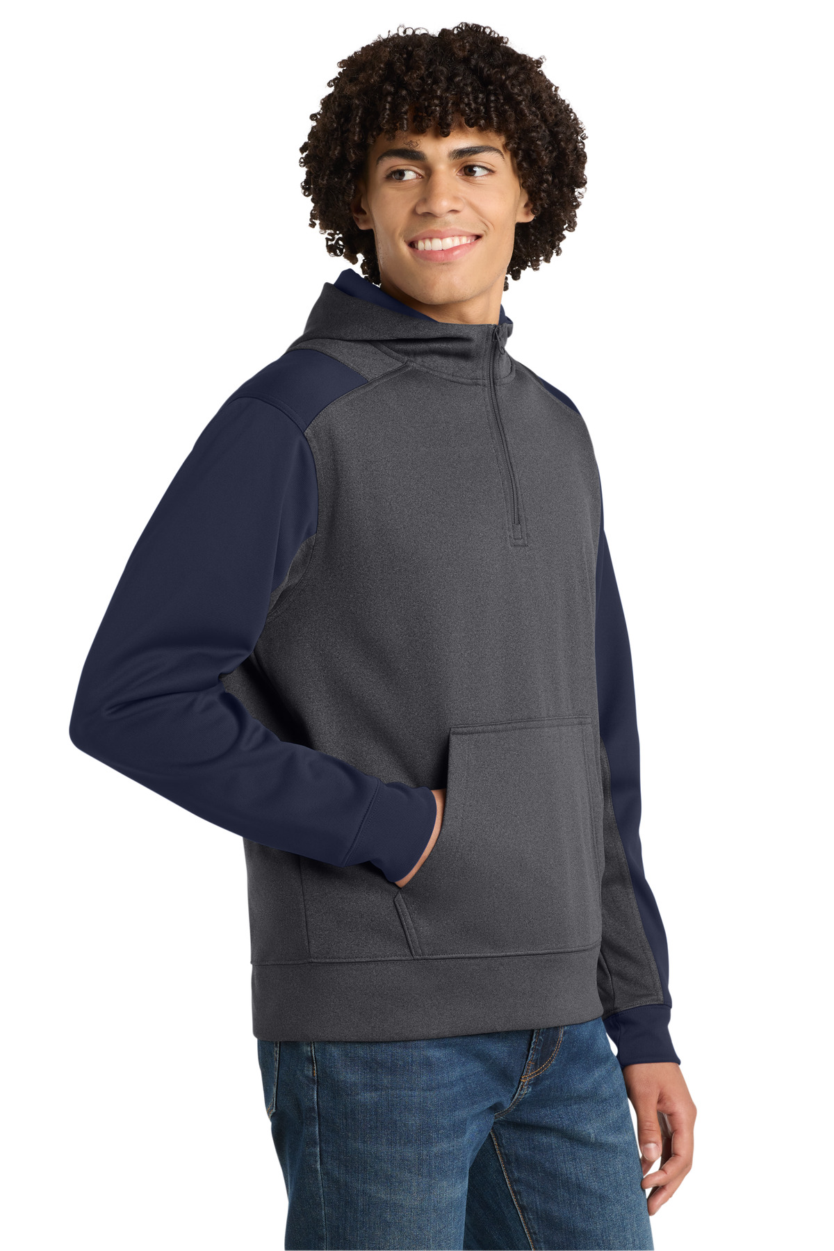 Sport-Tek Tech Fleece Colorblock 1/4-Zip Hooded Sweatshirt. ST249 in Graphite Heather/ True Navy — Left sleeve