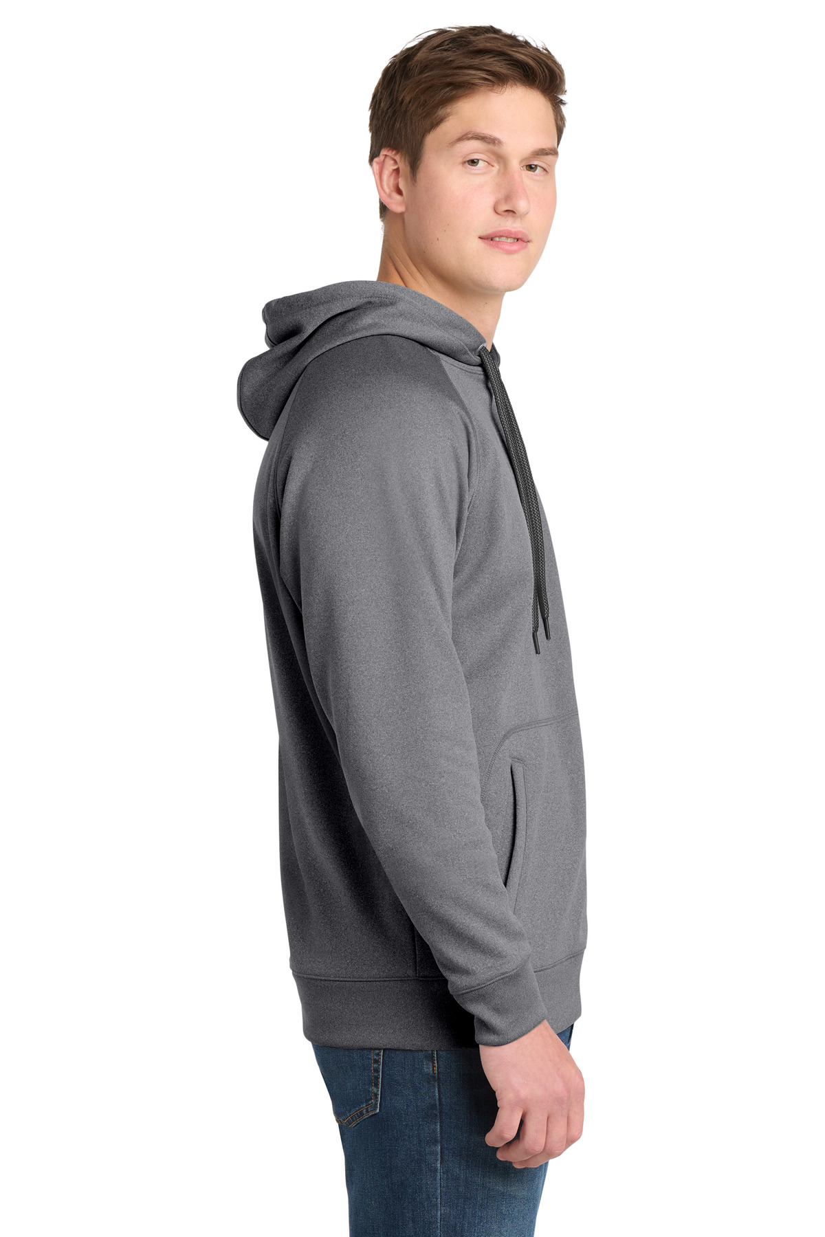 Sport-Tek Tech Fleece Hooded Sweatshirt. ST250 in Vintage Heather — Left sleeve