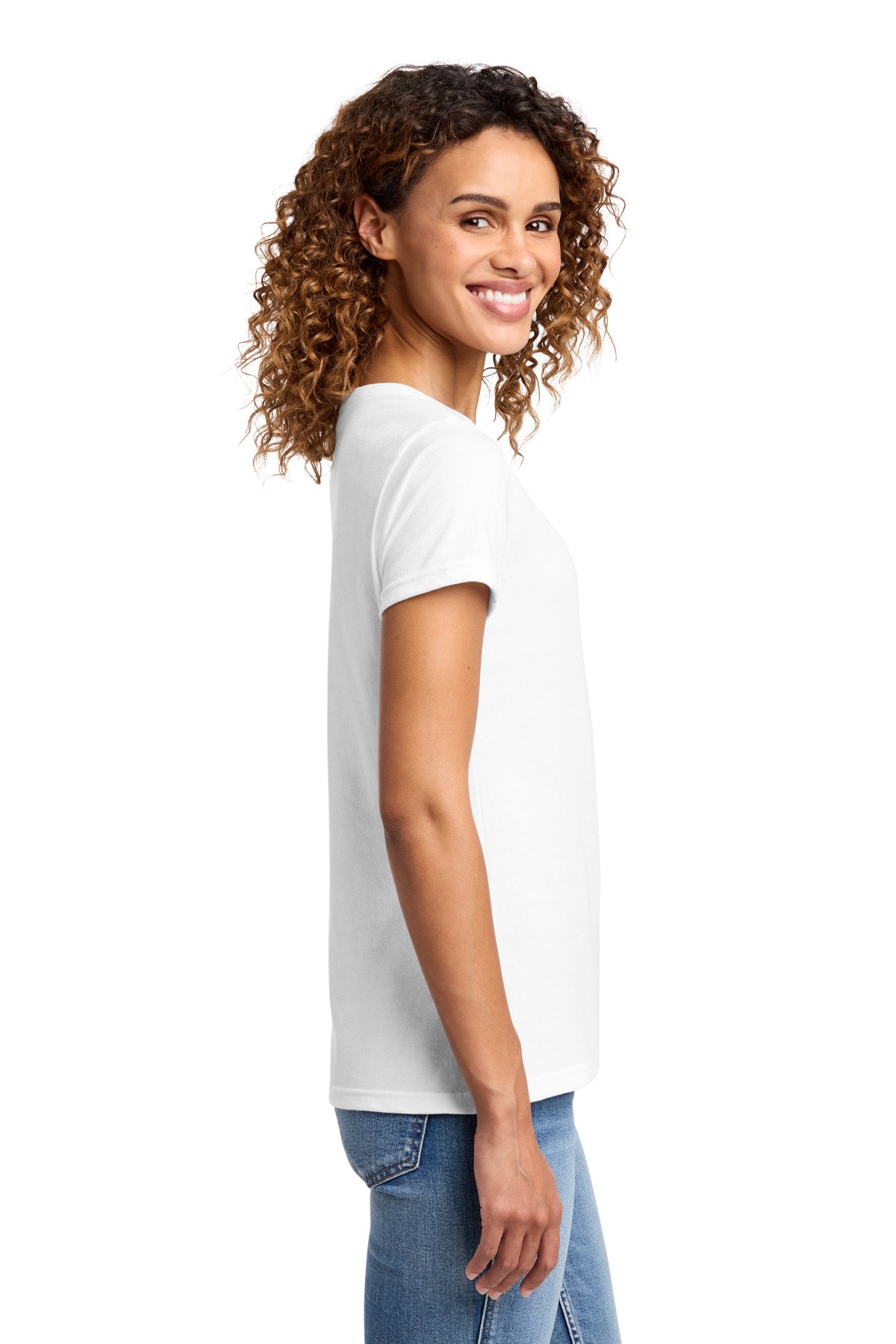 Port & Co Women's Fan Favorite Blend V-Neck Tee. LPC455V in White — Left sleeve