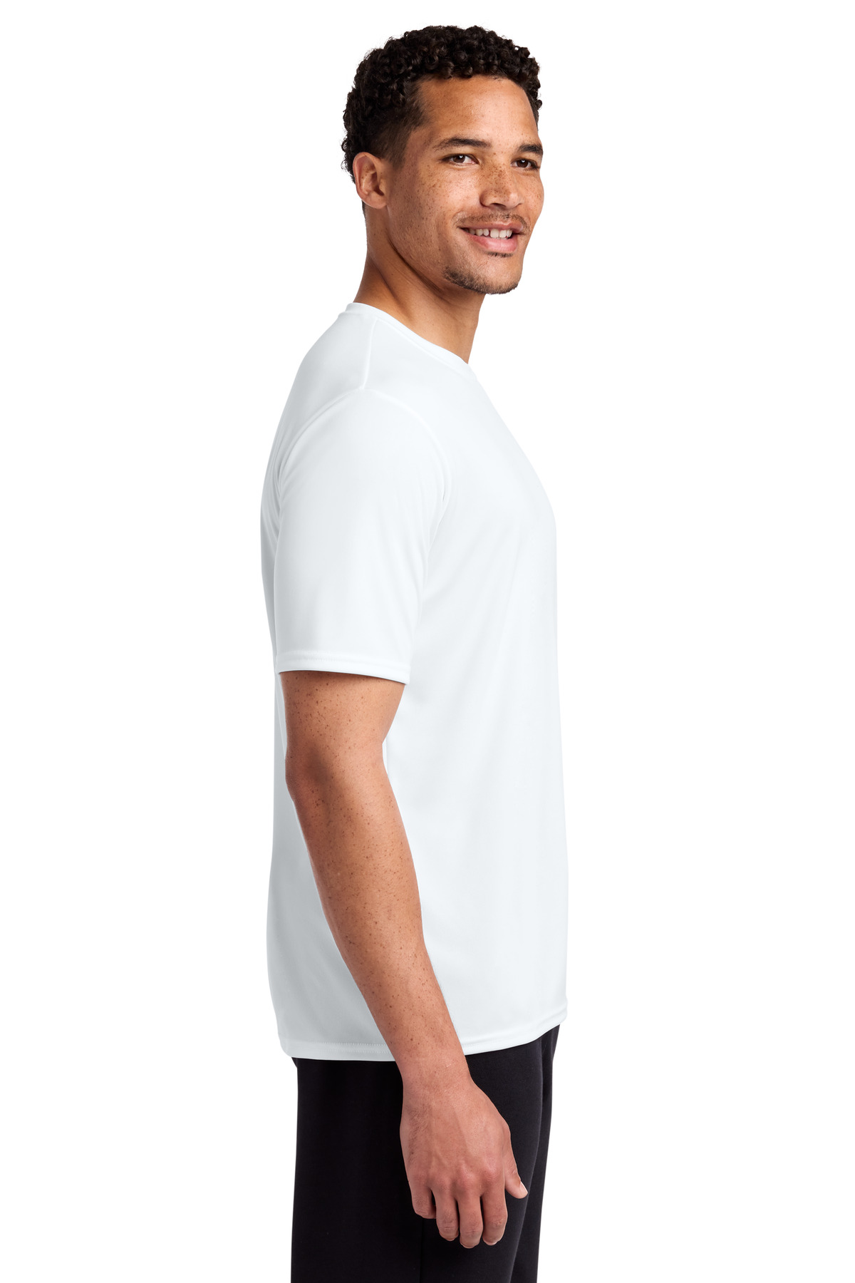 Port & Co Performance Tee. PC380 in White — Left sleeve