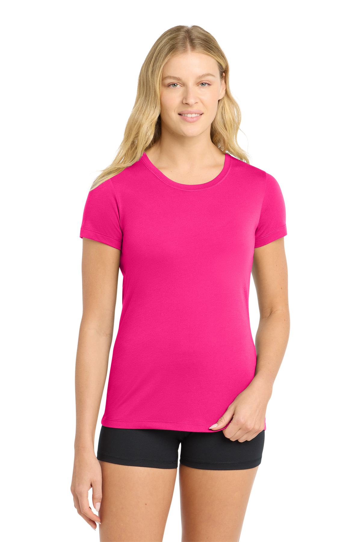 DISCONTINUED Sport-Tek Women's PosiCharge Competitor Cotton Touch Scoop Neck Tee. LST450 in Neon Pink