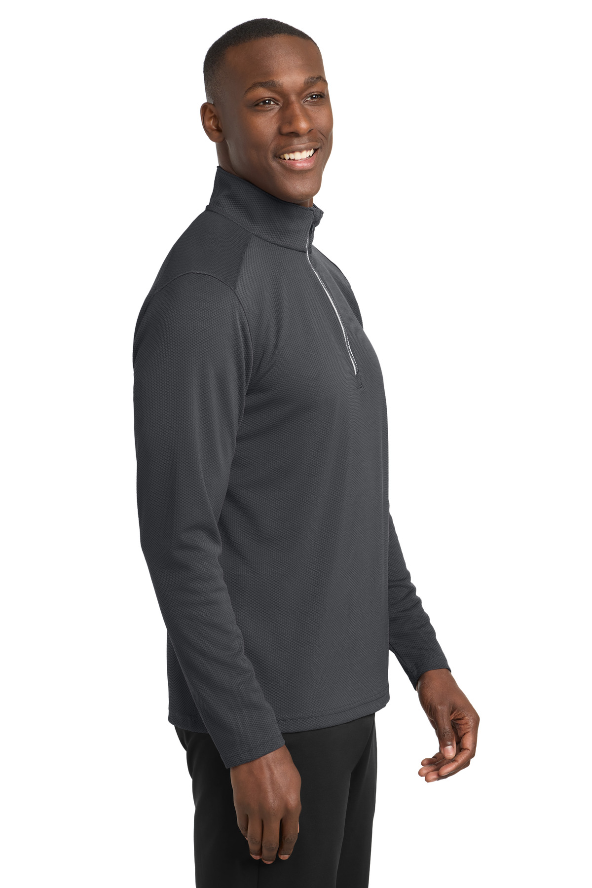 Sport-Tek Sport-Wick Textured 1/4-Zip Pullover. ST860 in Iron Grey — Left sleeve