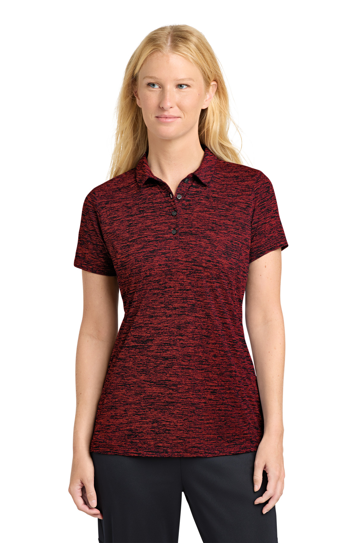 Sport-Tek Sport-Tek Women's PosiCharge Electric Heather Polo. LST590 in Deep Red/ Black Electric
