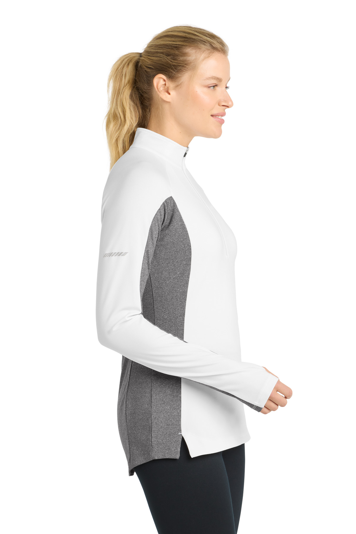 Sport-Tek Women's Sport-Wick Stretch Contrast 1/4-Zip Pullover. LST854 in White/ Charcoal Grey Heather — Left sleeve