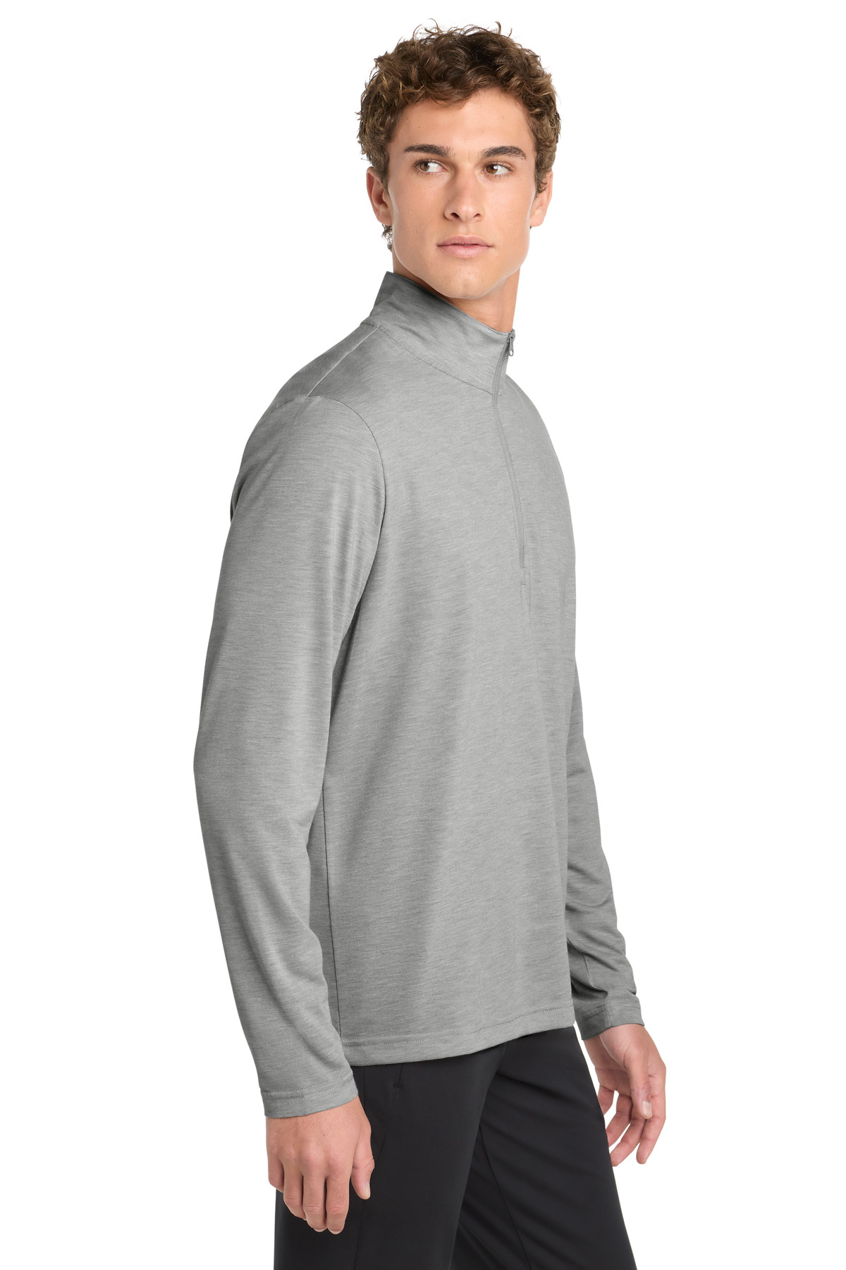 Sport-Tek PosiCharge Tri-Blend Wicking 1/4-Zip Pullover. ST407 in Light Grey Heather — Left sleeve