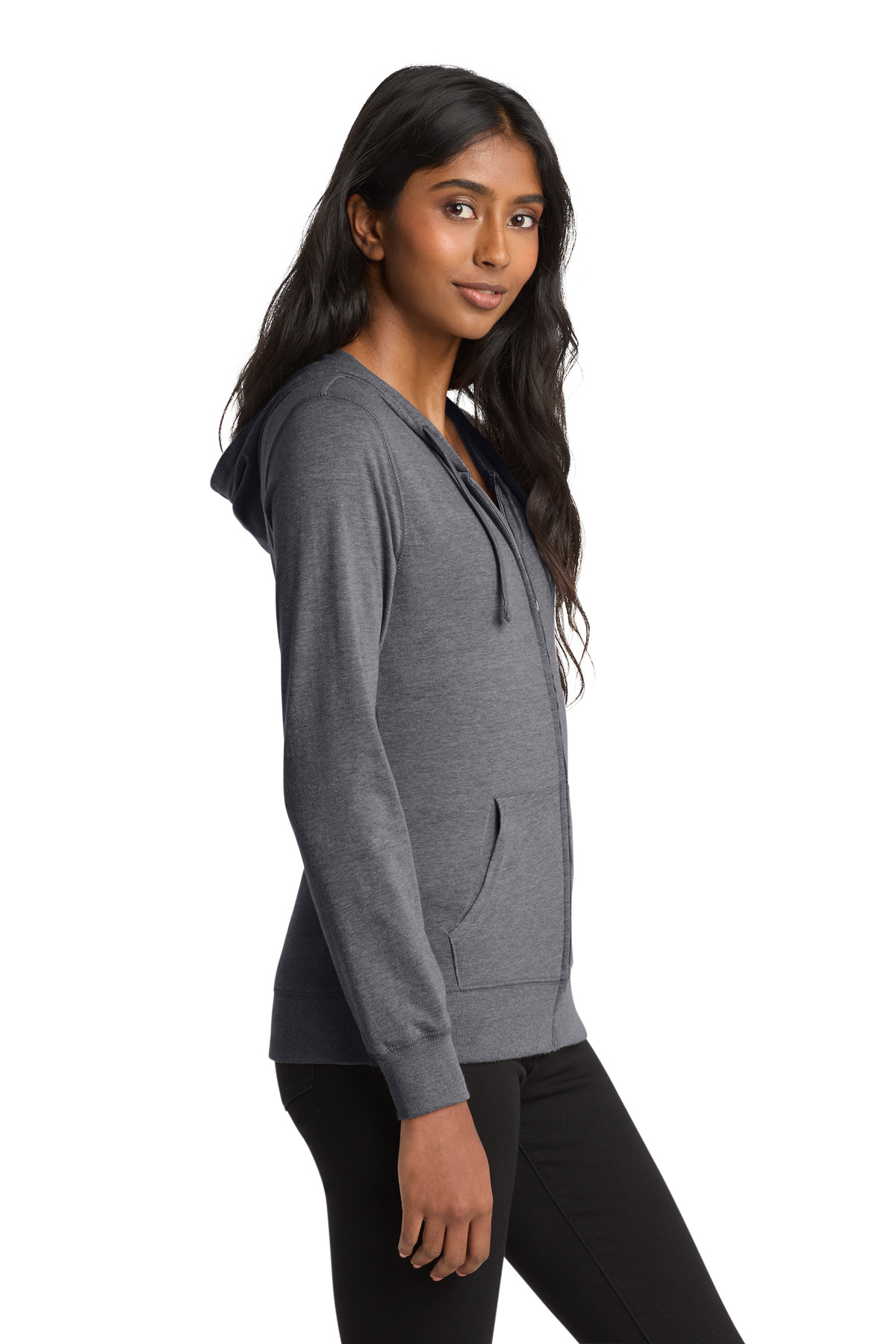 District Women's Fitted Jersey Full-Zip Hoodie. DT2100 in Dark Heather Grey — Left sleeve