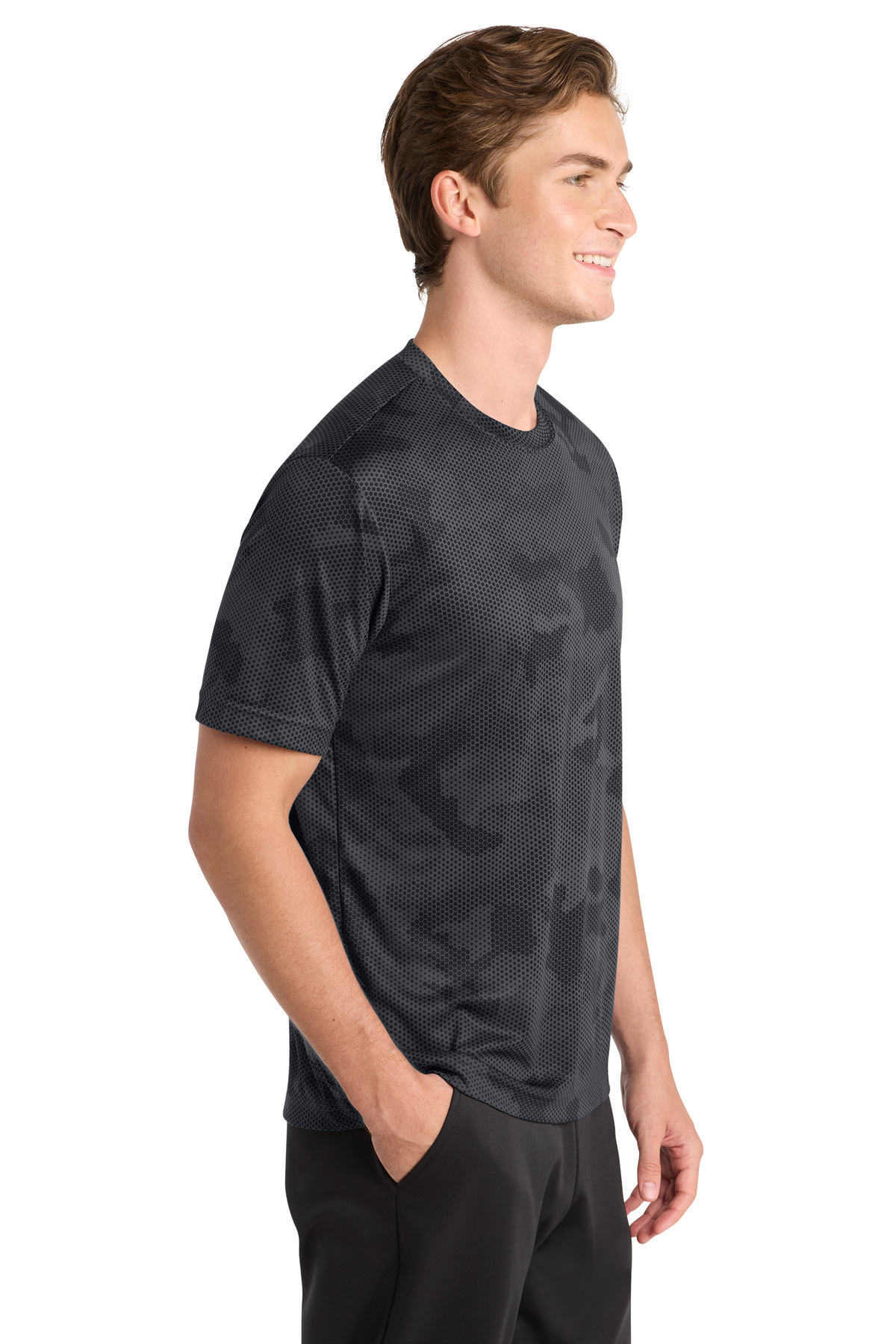 Sport-Tek CamoHex Tee. ST370 in Iron Grey — Left sleeve